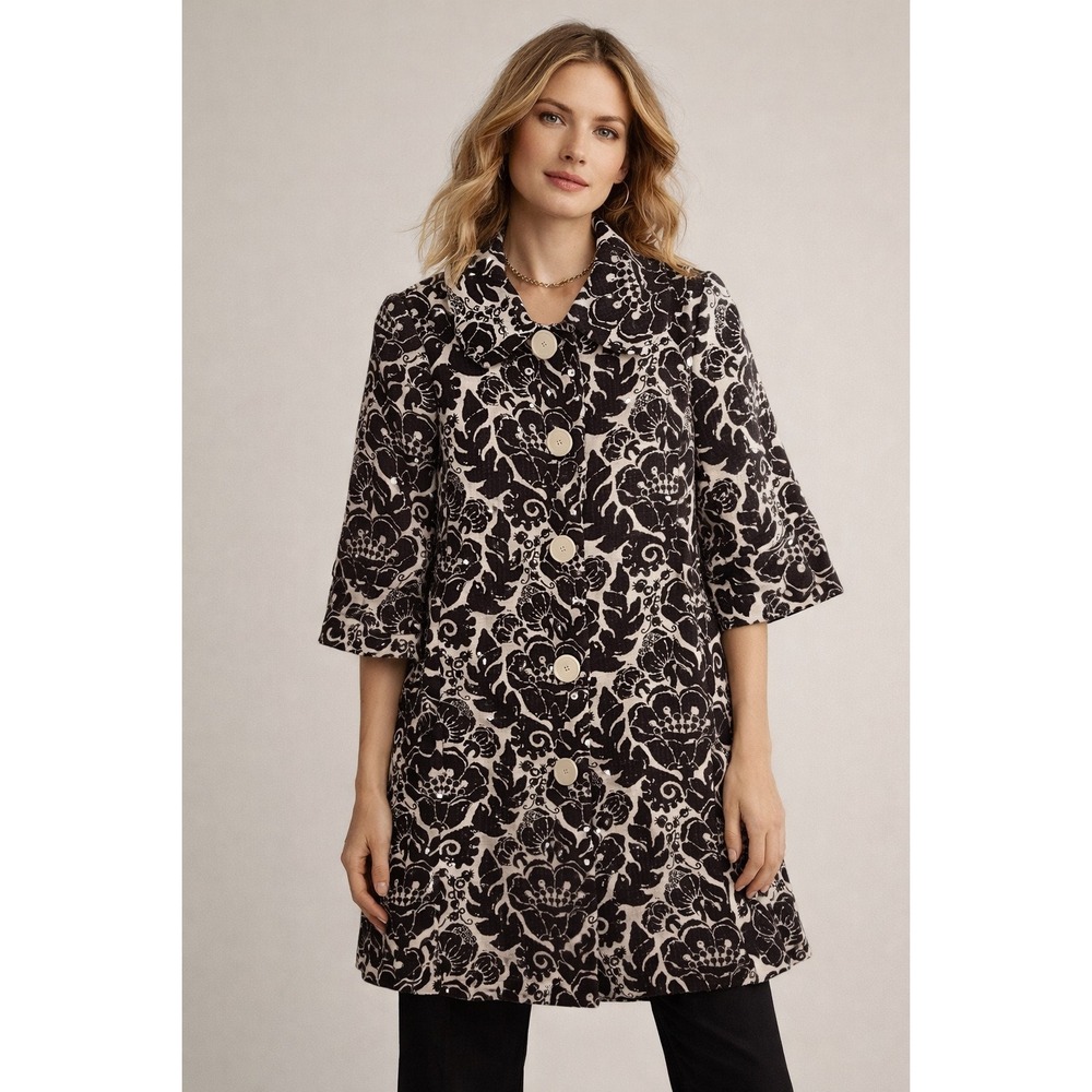 Trina Turk Black & Cream Floral Jacquard Pea Coat